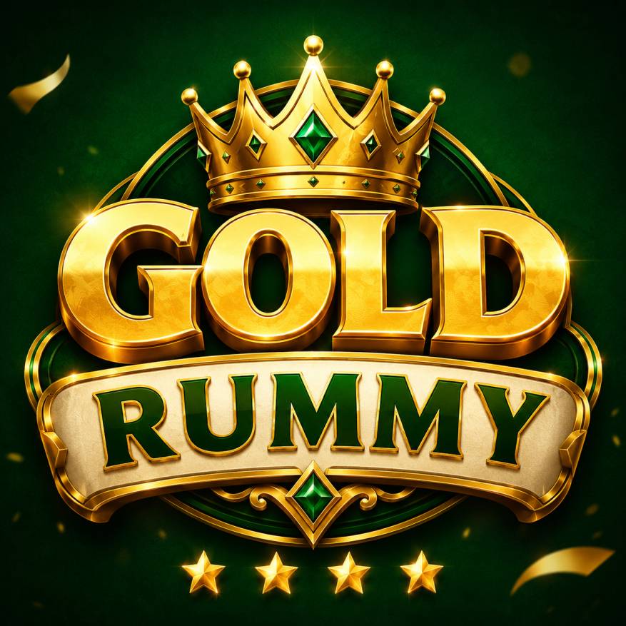 Gold Rummy royal crown logo with golden text and green gaming theme